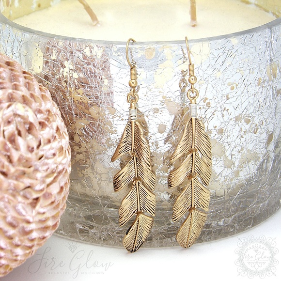 Boho Chic Gold Tone Dangling Feather Earrings - Picture 6 of 13